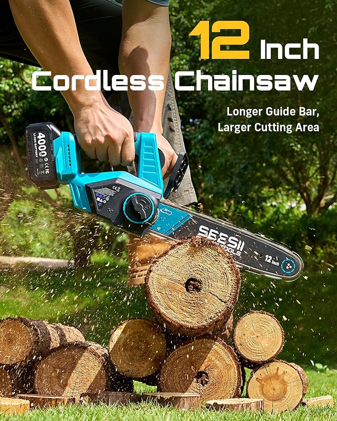 SEESII Chainsaw Cordless 12-inch, Handheld Chain Saw with 2 * 4.0Ah Batteries, Electric Saw with Tool-free Chain Tension, Auto Oiling for Wood Cutting Trimming Branch