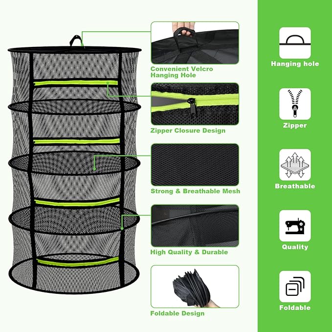 8 Layer Large Capacity Herb Drying Rack, Collapsible Hanging Mesh Net with Green Zipper, Hooks & Bonus Garden Scissors, Bulk Drying for Fresh Herbs, Flowers & Plants – Indoor Outdoor (23.62")