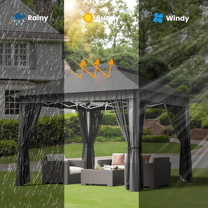 Bealife 11x11 Pop Up Gazebo Tent with Mosquito Netting, Outoor Canopy Tent with 4 Sandbags, 8 Stakes, 4 Ropes, Roller Bag, Pop Up Canopy Tent for Lawn Backyard Garden Deck, Grey