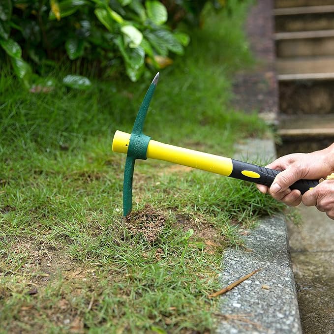 2 Packs 15 Inch Pick Mattock Hoe, KINJOEK 1.5Lbs Forged Weeding Garden Pick Axe with Fiberglass Handle for Digging Loosening Soil, Gardening, Camping or Prospecting