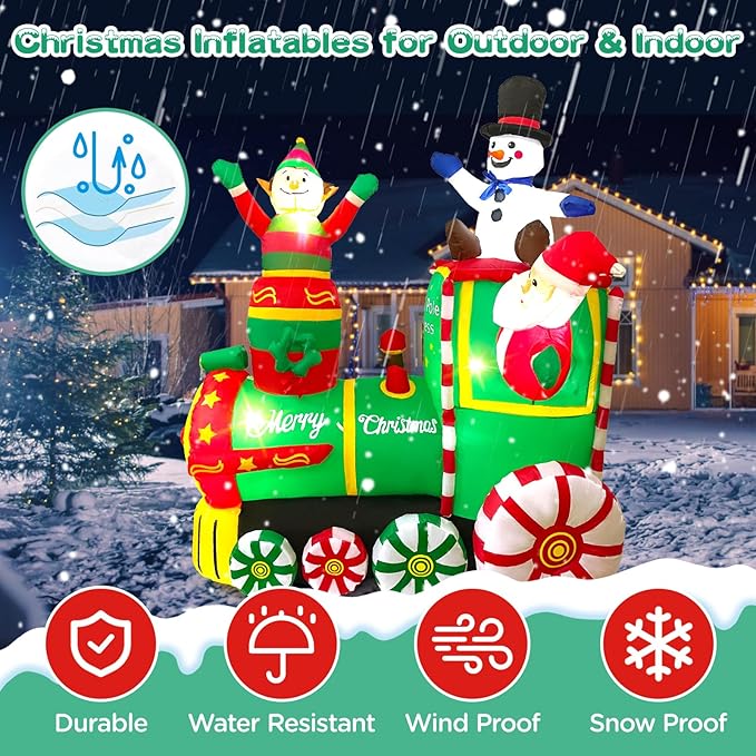 6.2FT Christmas Inflatables Train & Santa Claus Outdoor Yard Decortaions Blow-up Christmas Decor with Built-in LED Lights for Garden Lawn Party