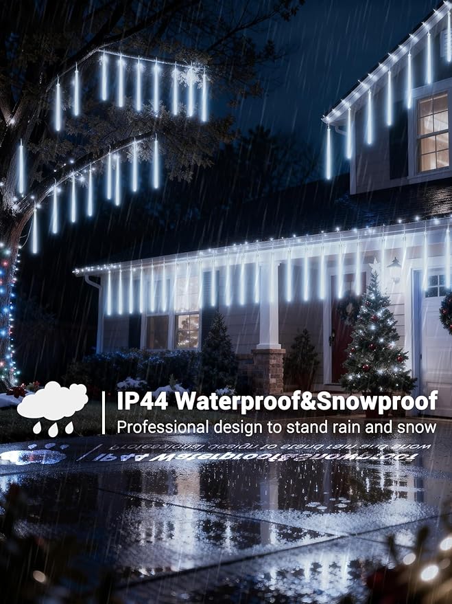 Flacchi Meteor Shower Icicle Lights - 5 Tubes 20" Each 270 LED Cascading Raindrop Lights, Timer Outdoor Waterproof Christmas Decorations for Holiday Party(Cool White)