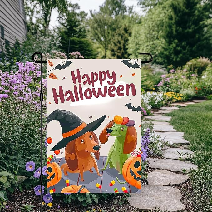 Halloween Dachshund Dog Garden Flag 12x18 Inch Funny Witch Hat Pumpkin Candy Outdoor Yard Banner Fall Porch Decoration for Spooky Holiday Season