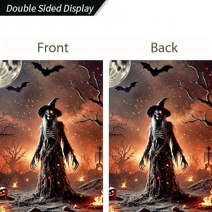 Witch Halloween Garden Flag 12x18 Double-Sided Spooky Bats Scary Skeleton Witch Garden Flag Outdoor Lawn Fall Decoration Banner Holiday Seasonal Yard Flag