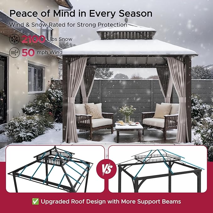 SUNJOY Kingston 10' x 10' Hardtop Gazebo with Galvanized Steel Double Roof, Curtain and Netting, Brown Aluminum Posts Permanent Pavilion Gazebo for Garden, Patio, Deck, Lawn