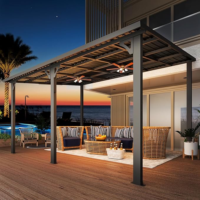 AECOJOY 14' x 10' Hardtop Gazebo Outdoor Pergola, 10x14 Large Heavy Duty Lean to Metal Pergolas and Gazebos on Clearance, Wall-Mounted Grill Gazebo Galvanized Steel Patio Roof Awnings for Patio