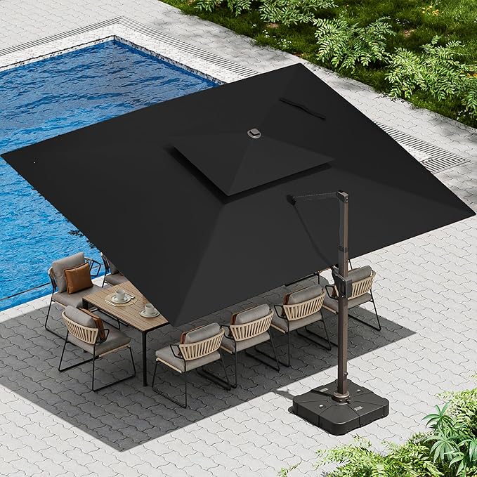 10 X 13 FT Cantilever Patio Umbrella with Base Included Outdoor Heavy Duty Double Top Windproof Rectangle Offset Umbrellas with 360-degree Rotation for Pool Deck Backyard, Black