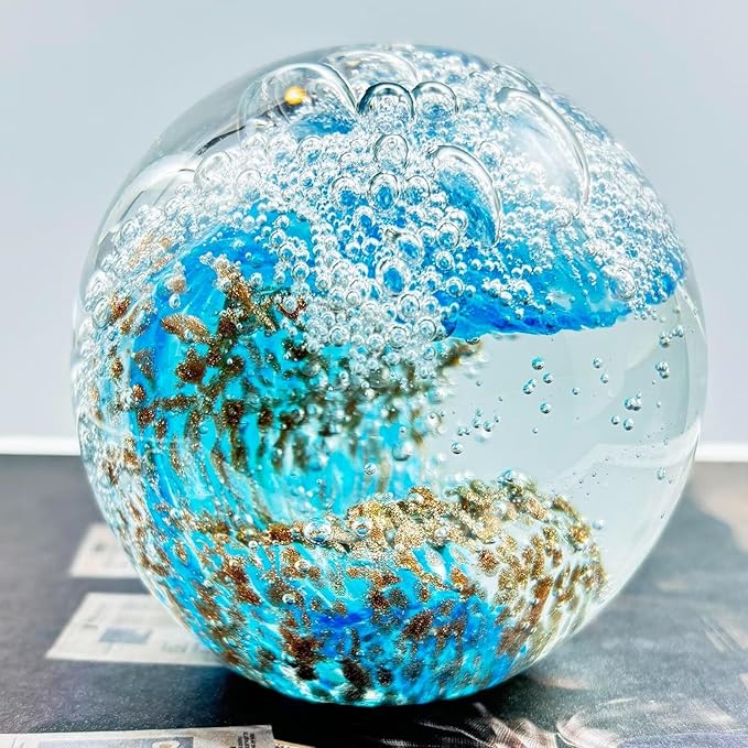 Decorative Crystal Ball Figurines Ocean Waves Paperweight Blown Glass Decor Sea Art Ocean Lovers Gift Blue Amber 3.15"