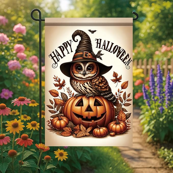 12 x 18 Inch Halloween Garden Flag Owl Pumpkin Witch Hat Outdoor Yard Decoration Double Sided Happy Halloween Banner for Outside Decorations Garden Yard Autumn Harvest Holiday Theme