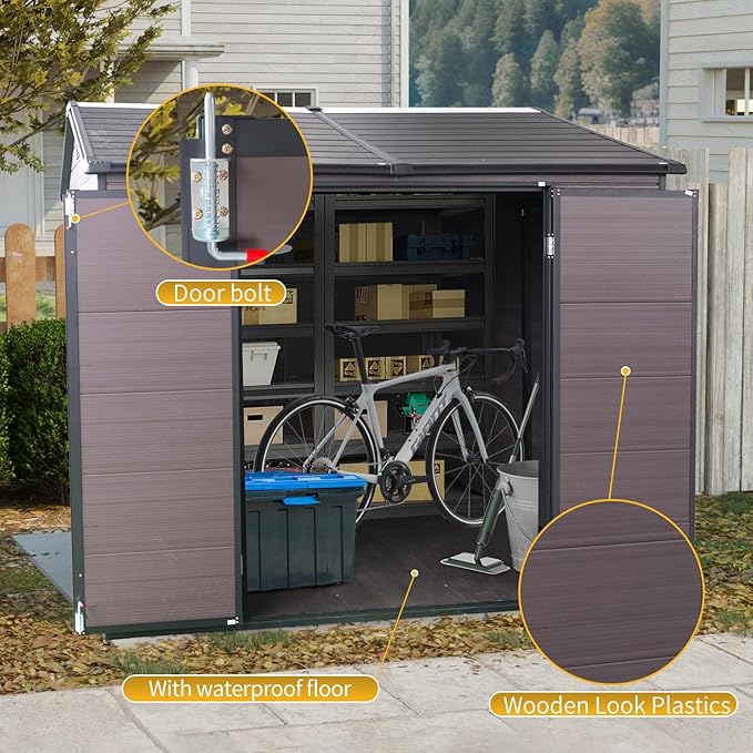 8x6 FT Resin Storage Sheds Outdoor with Floor, 2 Windows & Lockable Door Storage Shed - Waterproof Garden Tool Shed, Patio & Backyard Tool Storage Cabinet Use - Brown