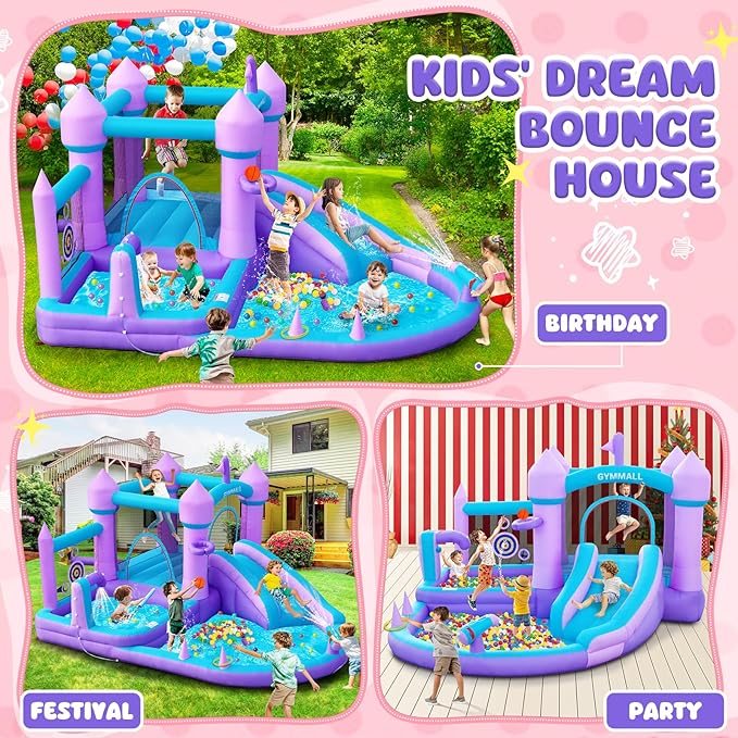 Water Bounce House for Kids 3-8, Purple Large Inflatable Bouncy Castle with Water Slide 480W Air Blower Jumping Space Ball Pit Swim Pool Basketball, Bouncy House for Party Birthday Event Gift