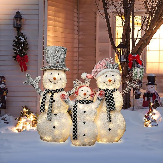 LuxenHome 3.5FT Lighted Snowman Family Outdoor Decorations, Prelit Frosted Snowman with Hat and Scarf, Illuminated Christmas Decorations Indoor and Outdoor for Porch, Lawn, Holiday Yard Decor