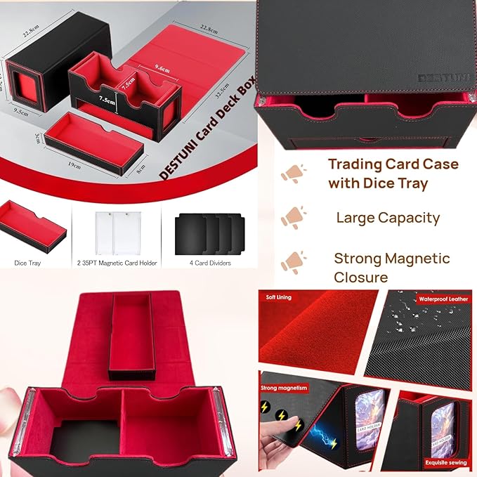 Card Deck Box for mtg – Fits 100+ Double-Sleeved Cards, Dual Commander Display with Dice Tray, PU Leather Organizer for TCG, CCG, Sports Cards (Black&Red)