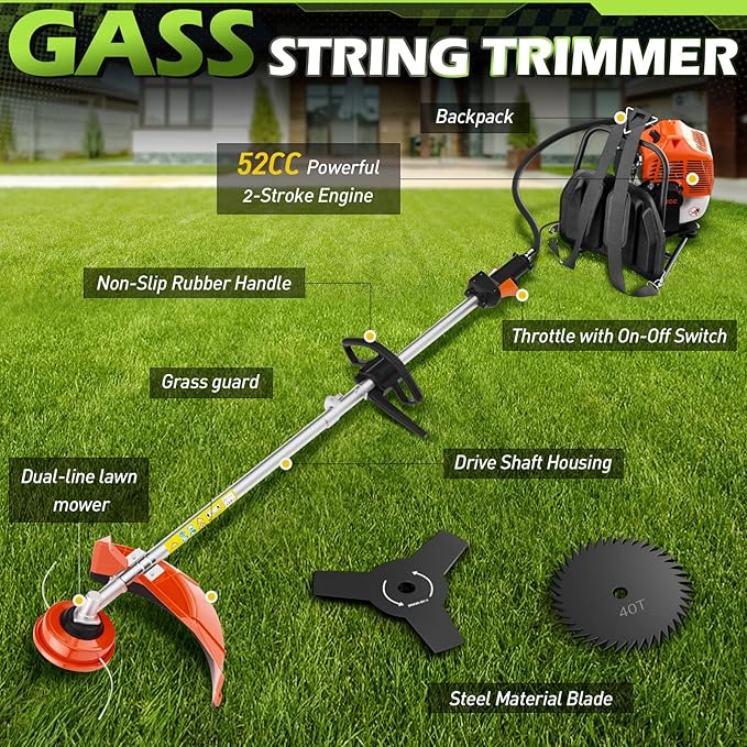 52cc Weed Eater 3 in 1 Gas Brush Cutter, String Trimmer and Weed Wacker for Weeds and Grass (52cc Shoulder)
