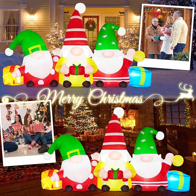 Danxilu 6 FT Christmas Inflatable 3 Gnomes Outdoor Decoration Blow Up Gnomes with Gift Boxes & Star Built-in LEDs Christmas Inflatable Yard Decorations for Outside Holiday Patio Garden Party