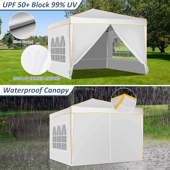 COBIZI 10x10 Pop Up Canopy, Party Tents for Parties Waterproof Outdoor Event Shelter with 4 Sidewalls and 4 Sandbags UV Protection 50+ Camping Commercial Wedding Portable Tent for Backyard, White