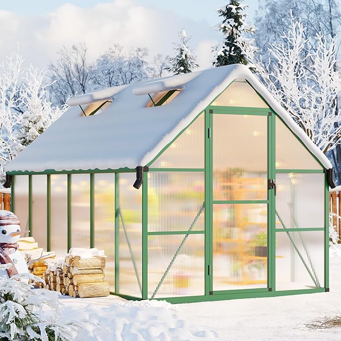 8x12 FT Outdoor Greenhouse, Polycarbonate Greenhouse with Roof Vent and Ground Nails, Aluminum Large Walk-in Green House w/Lockable Push Door for Outside Garden Backyard (Green, 8x12 FT)