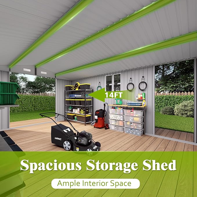 10x14 FT Outdoor Metal Storage Shed, Durable Garden Shed with Three Lockable Doors & Clear Window for Backyard, Patio, All-Weather Shelter for Bike, Gardening Tools, Lawn Mowers, Grey