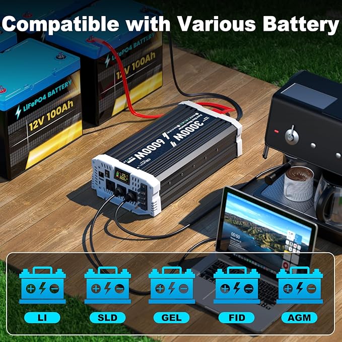 3000 watt Pure sine Wave Inverter, 12V DC to 110V AC Power Inverter, Used for Solar Emergency Power Supply in RV Homes, with 3 AC Output sockets, USB Port, Type-C Port, Remote Control with LCD Screen