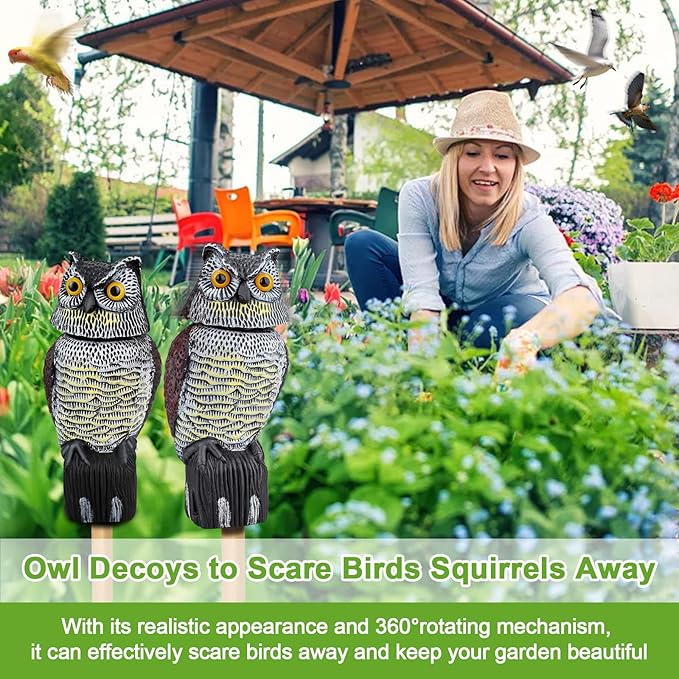 Owl Decoys to Scare Birds Squirrels Away, Rotatable Head Plastic Bird Deterrent, Waterproof Garden Owls Statue for Patio Yard Farm Protection Against Birds, Squirrels, Rabbits, Raccoons