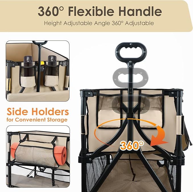HOPERAN 400L XL Wagons Carts Foldable, 54" Extra Length Double Decker Collapsible Wagon Cart with Tailgate, 8" Big All-Terrain Wheels, 550lbs Load Utility Grocery Cart for Camping,Sports,Beach