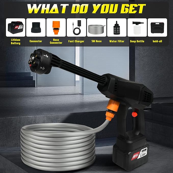 Cordless Pressure Washer, 600 PSI Portable Power Washer with 4.0Ah Rechargeable Battery and Charger, 6-in-1 Nozzle Power Pressure Washer for Car, Floor, Fence, Garden