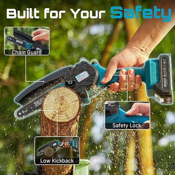 SEESII Mini Chainsaw 6 inch,Cordless Chainsaw w/ 2x2000mAh Batteries,Oiler System & Replacement Chain,Handheld Electric Chain Saw w/Safety Lock,Battery Powered Chainsaw for Wood Tree Cutting, CH600+