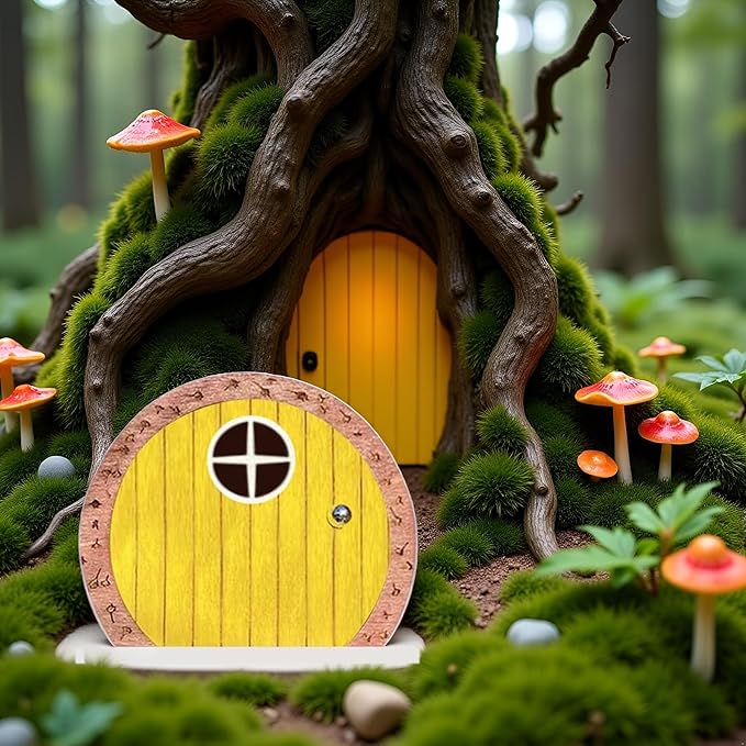 Yellow Archway Mini Fairy Garden Door for Tree, 3D Miniature Fairy Door for Fairytale Tiny House Doors, Bonsai Terrarium Micro Landscape Decoration Accessories Garden Miniatures