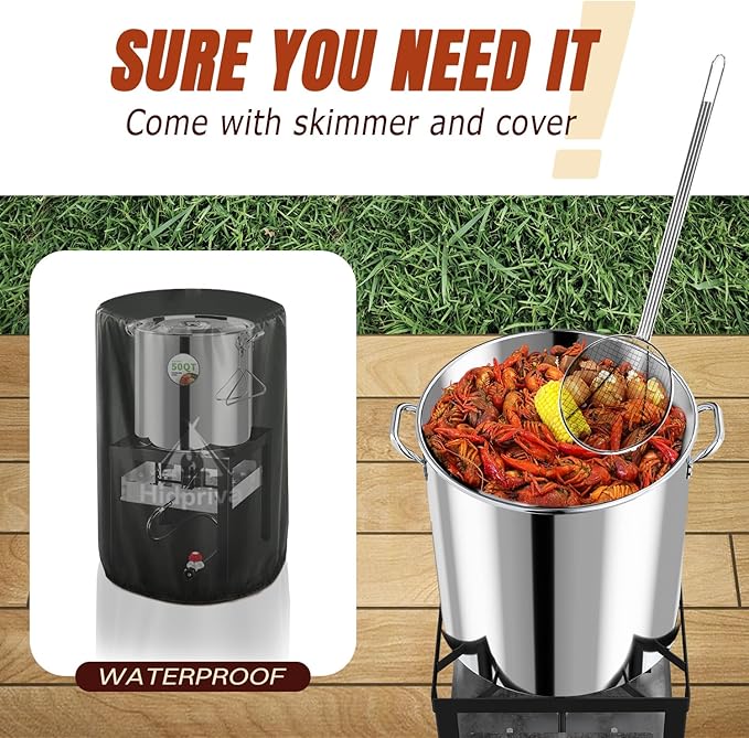 Stainless Steel 100QT Crawfish Boiler Kit, Waterproof Cover & 18-inch Skimmer, 110,000BTU Propane Burner Stove, 0-20PSIG Regulator, Seafood Boil Pot, Crab Boil Pot with 80QT Basket