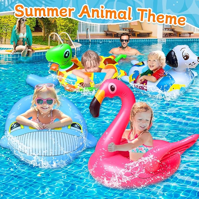 4 Pack Inflatable Pool Floats for Toddler Age 3-7 Animal Swim Tube Rings for Kids Infant Baby Ride on Beach Floaties with Safety Seat&Handle for Summer Lake Pool (Flamingo, Turtle, Whale, Dalmatian)