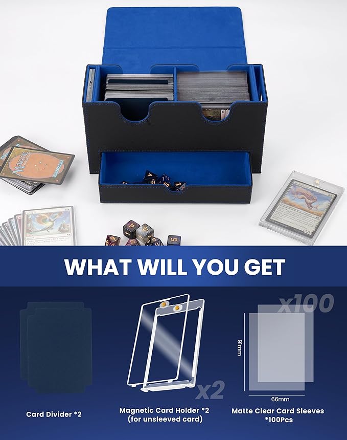 MRAUF MTG Deck Box with Double Commander Display and Dice Tray, Fits 200+ Double Sleeved Cards, Card Storage Box Plus 2 Magnetic Holders& 100Pcs Card Sleeves (Black& Blue)