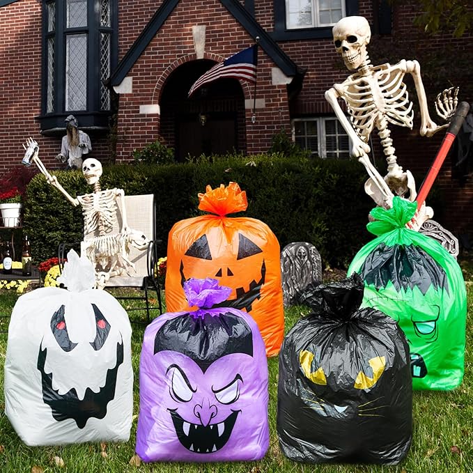Qilery 6 Pcs Large Halloween Leaf Bags Halloween Reusable Pumpkin Lawn Trash Bags with Twist Ties for Yard, Garden, and Outdoor Party Favors Decorations