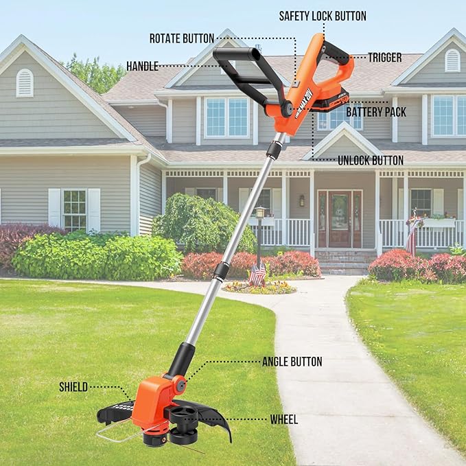 VARSK 20V String Trimmer Cordless, 12 Inch 2 in 1 Trimmer and Edger, Automatic Line Feed, Includes 2 X 2.0Ah Batteries/1 X Fast Charger/6 X Spare Spools, for Lawn, Garden, etc, Orange