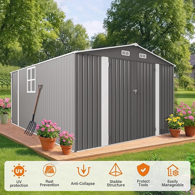 10x14 FT Outdoor Metal Storage Shed, Durable Garden Shed with Three Lockable Doors & Clear Window for Backyard, Patio, All-Weather Shelter for Bike, Gardening Tools, Lawn Mowers, Grey