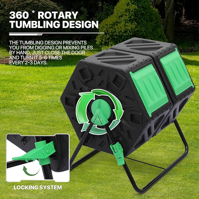 MoNiBloom 34 Gallon Compost Bins Outdoor Dual Chamber Composter Tumbler, All-Season Fast Working Tumbling Composter, High Volume Composter with 2 Sliding Doors