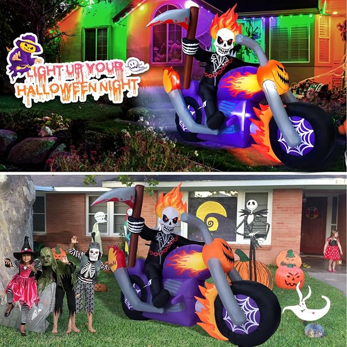 6 FT Halloween Inflatable Grim Reaper Motorcycle Rider Scary Halloween Blow Up Outdoor Decorations Grim Reaper Riding on Motorbike with Built-in LEDs Garden Blow up Yard Decor