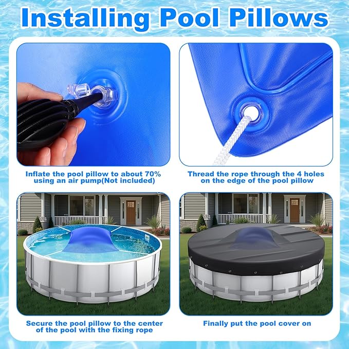 Hungdao 4ft Pool Pillow Cover for Above Ground with 12 Pcs Inflatable Pool Cover Weight with Hook Winter Ice Antifreezing Hanging Bag with Rope and Connection Buckle(Royal Blue,4ft,Square)