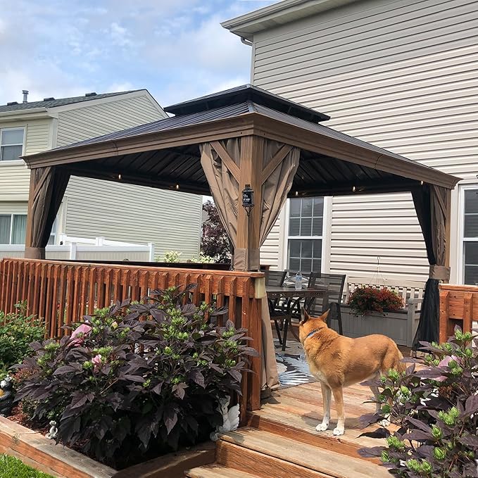 Domi Outdoor Living 12’x12’ Hardtop Gazebo, Wooden Coated Aluminum Frame Canopy with Galvanized Steel Double Roof, Outdoor Permanent Metal Pavilion with Curtains and Netting for Patio, Deck and Lawn