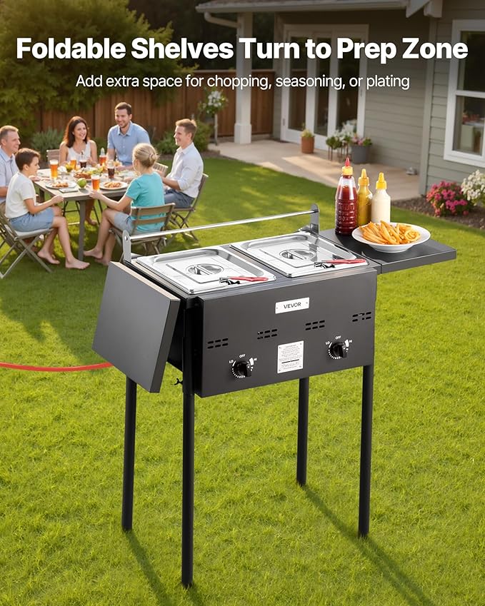 VEVOR Outdoor Propane Deep Fryer, Dual-Tank 8QTx2 Commercial Fryer, Stainless Steel Cooker with Foldable Platform, Dual Basket, and Heat Adjustment, Floor Standing Fryers for Restaurant Home Snack Bar