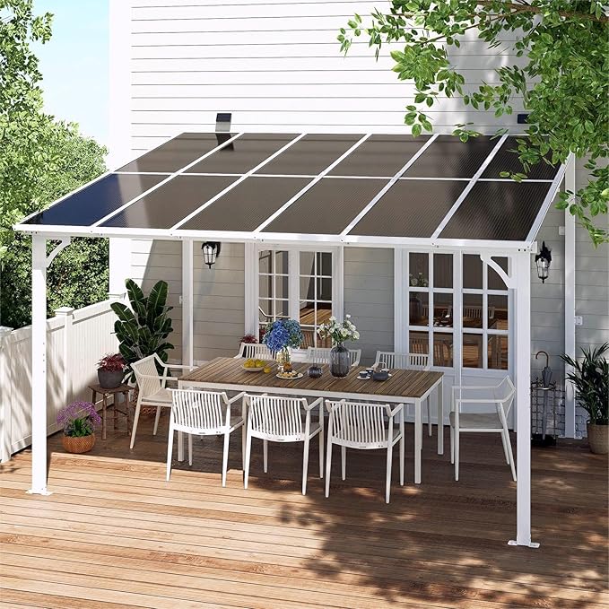 MEISSALIVVE 10' x 12' Wall Mounted Lean to Metal Awnings with Sloped Roof, Outdoor Patio Gazebo Awning for Backyard, Deck, White