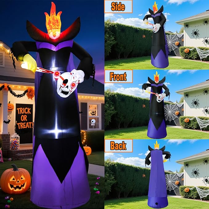 12FT Scary Halloween Inflatables Headless Killer Outdoor Decorations Grim Reaper Holding Skull Dig Out Eyeballs with Flame Light Giant Ghost Blow Up Yard Decoration for Party Garden Lawn Decor