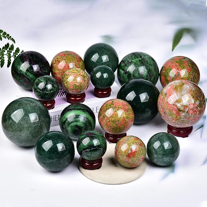 JIC Gem Unakite Stone Crystal Sphere Ball with Decorative Stand Quartz Crystal Ball Healing Gemstone Sphere for Fengshui Reiki Decor (50-60mm)