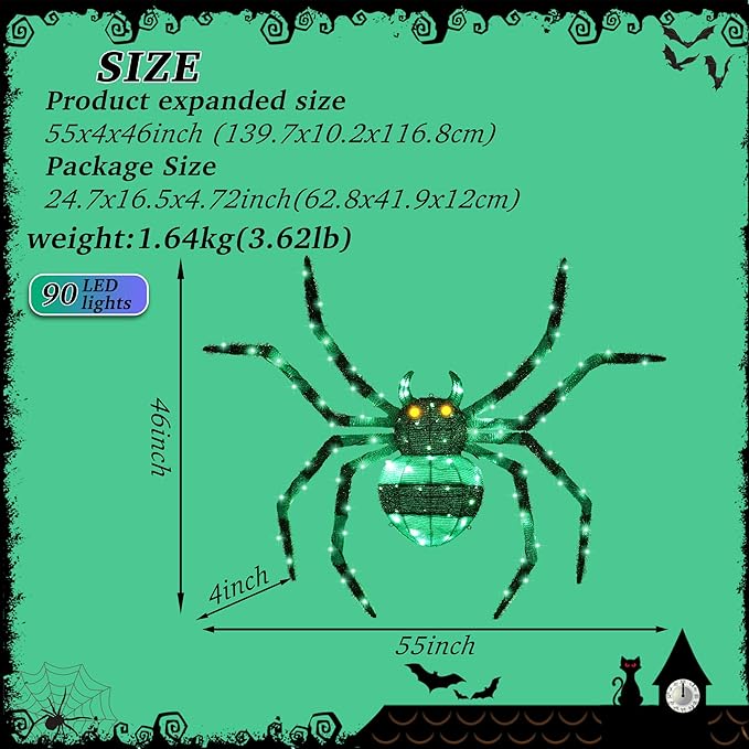 【1 Piece】 4.6Ft Giant Spider Halloween Decorations Outdoor 55" Light Up Spider with 90 LED Lights for Front Yard, Porch, Garden, Lawn, Halloween Party (Green)
