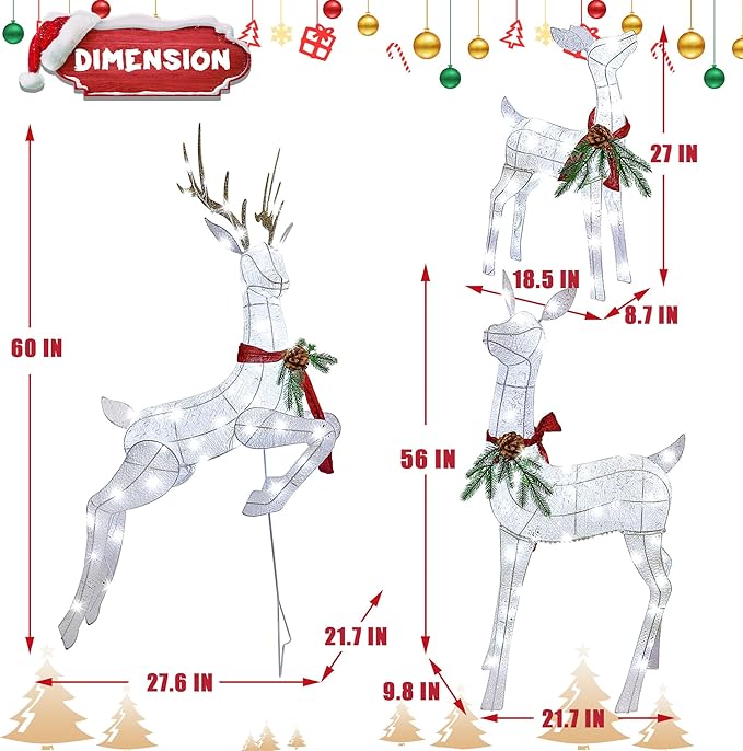 Lulu Home Set of 3 Pre-lit White Reindeer with 255 LEDs Clear White Lights, 3D Light Up Glittered Standing Reindeer Family for Xmas Lighted Holiday Display Indoor Outdoor
