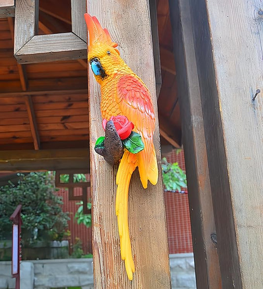 Statue Bird,Garden Decorations Bird Figurine,Resin Bird,Bird Statue Real Parrot Figurine,Flapping Macaw Bird Tropical Decor Wall Sculpture, Polyresin, Orange Color