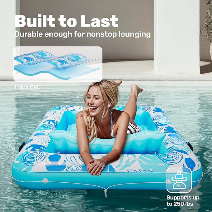 SLOOSH Inflatable Pool Floats Adult, 70" x 46" Tanning Pool with Canopy, 4 in 1 Lounger Float with Pillow, Suntan Tub Raft Floatie, Sunbathing Bed Lounge for Water Blow Up Kids Ball Pit Party Gifts
