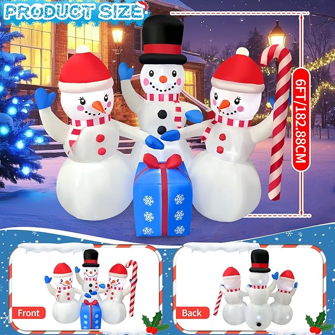 2025 Christamas Inflatable Snowman 6FT 3 Snowmen with Gift Box Christamas Inflatables Outdoor Decoration Xmas Snowman Blow Up Decor with Built-in 7 LED for Holiday Party Yard Garden Lawn