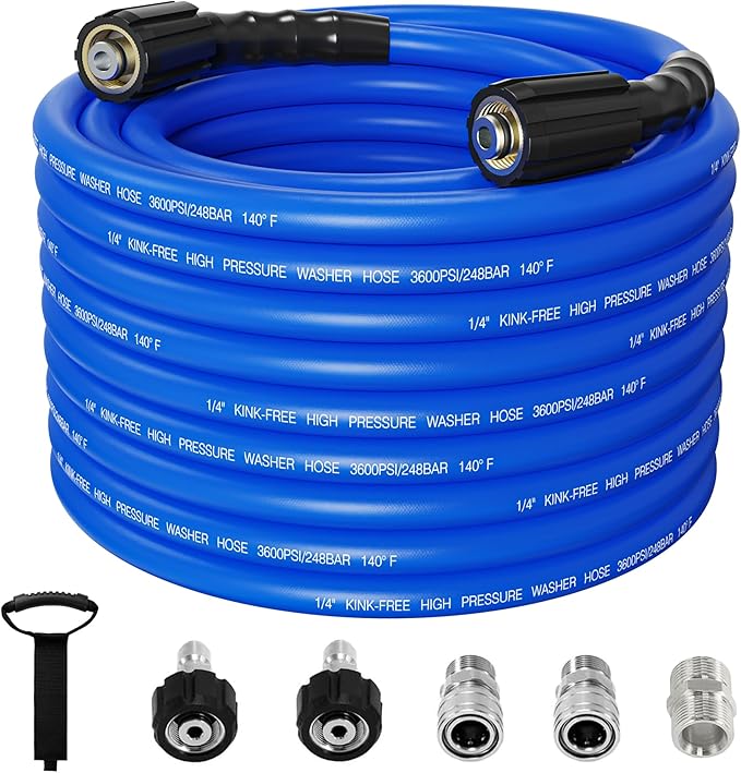 Pressure Washer Hose 100FT 1/4'' Kink Resistant 3600 PSI Power Washer Hose Extension with Leak-Free M22 Female and 3/8" Quick Connection Kit (100FT)