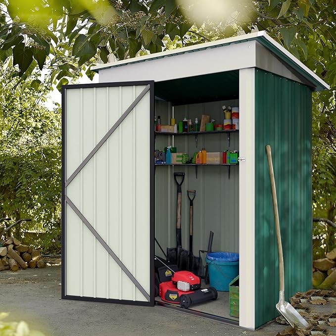 JUMMICO Metal Outdoor Storage Shed 5 x 3 FT Metal Shed with Lockable Door,Waterproof Garden Tool Shed Storage House for Backyard Patio Lawn,Green