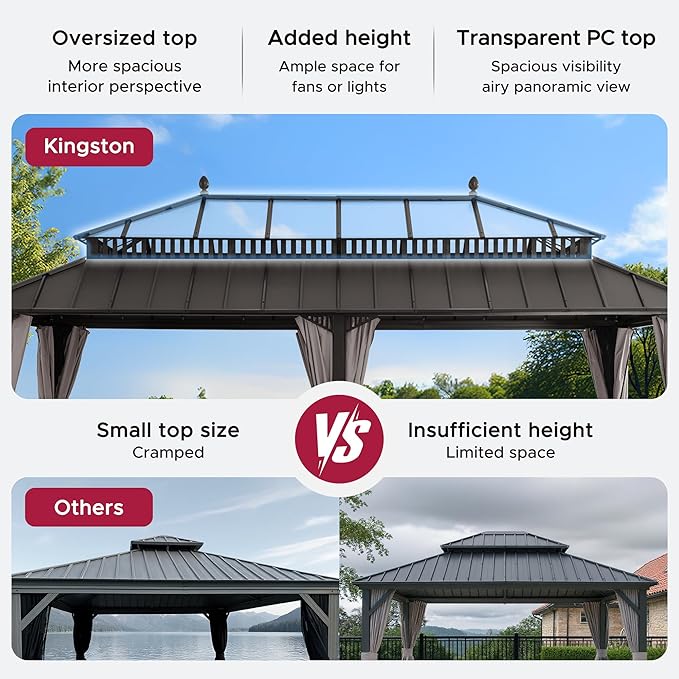 SUNJOY Kingston 20' x 12' Hardtop Gazebo with Galvanized Steel/Polycarbonate Double Roof, Curtain and Netting, Brown Aluminum Posts Permanent Pavilion Gazebo for Garden, Patio, Deck, Lawn